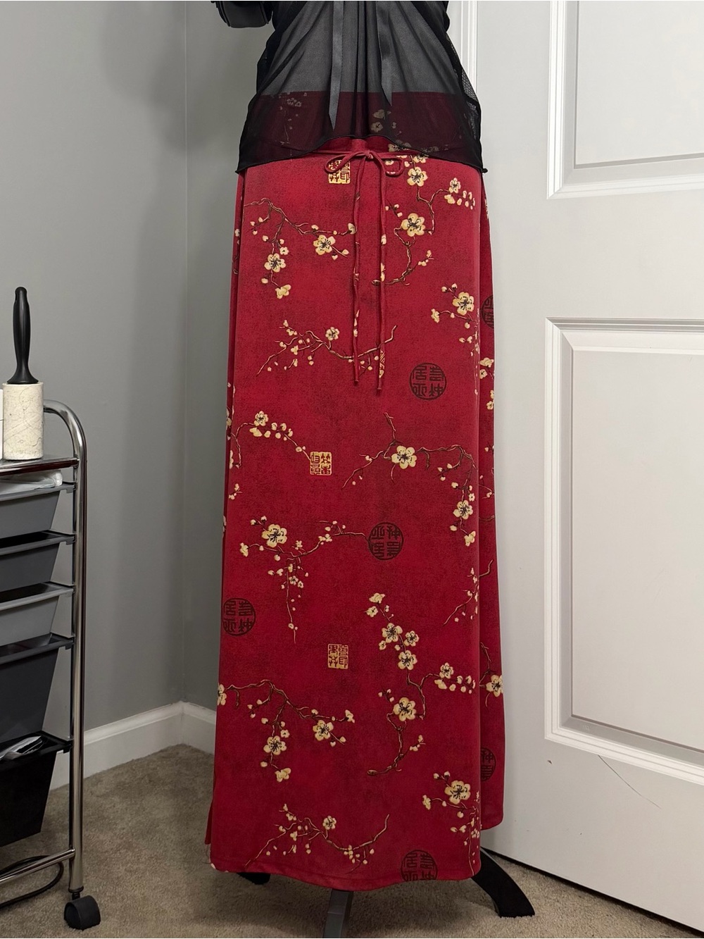 Vintage Timing USA Red & Gold Tied Maxi Skirt w/ Cherry Blossoms